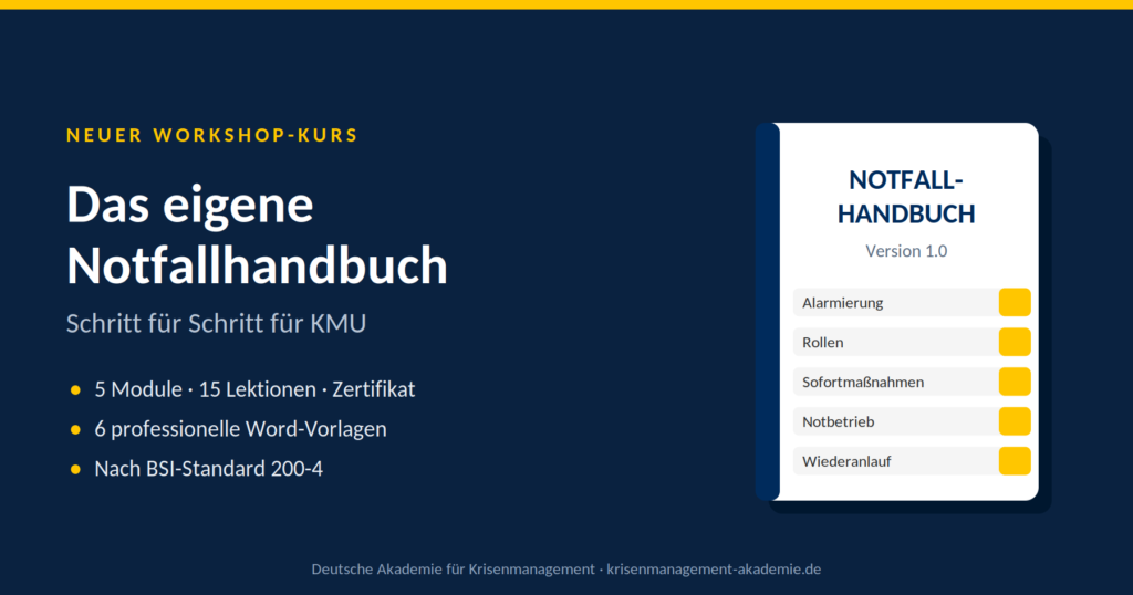 Das eigene notfallhandbuch – schritt für schritt für kmu (onlinekurs, 5 module + vorlagenpaket + zertifikat) | deutsche akademie für krisenmanagement