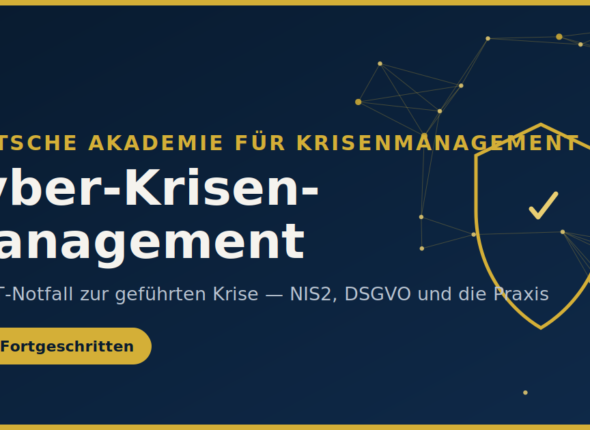 Cyber-Krisenmanagement Kurs Cover – Schild und Netzwerk-Motiv, Navy/Gold