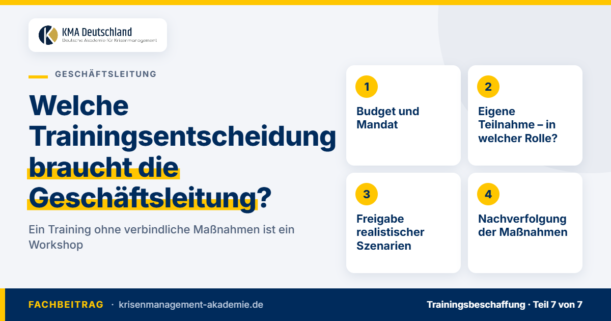 Welche Trainingsentscheidung Braucht Die Geschäftsleitung? | Krisenmanagement Vier trainingsentscheidungen der geschäftsleitung: budget und mandat, eigene teilnahme, szenariofreigabe, nachverfolgung. Kma deutschland.