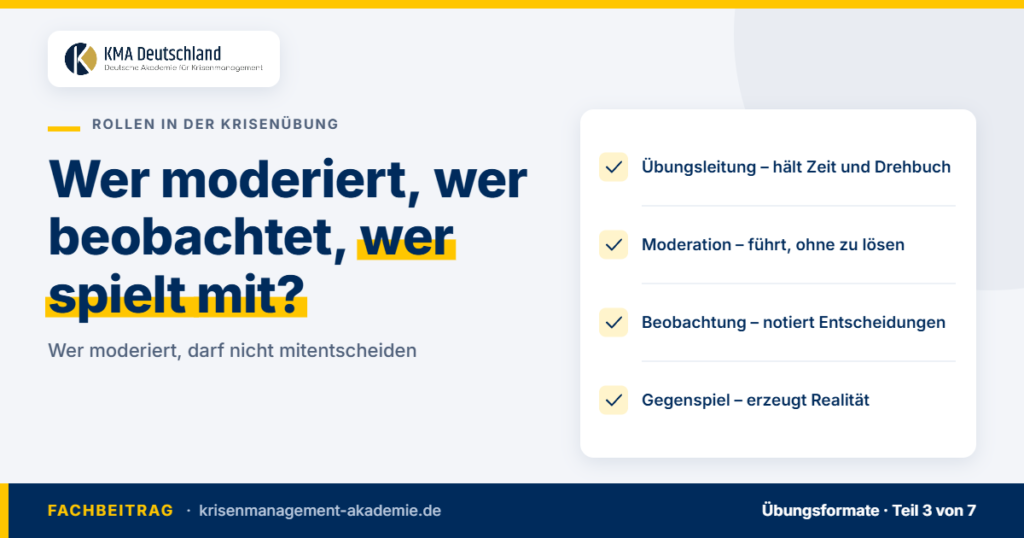 Vier Rollen in der Krisenübung: Leitung, Moderation, Beobachtung, Gegenspiel. KMA Deutschland.